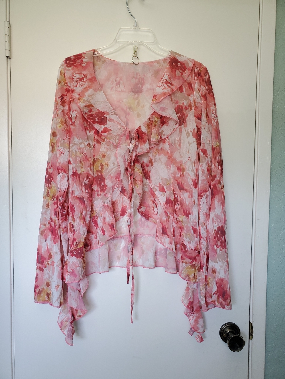 Shein Corset Style Neckline Sheer Waterfall Ruffle Flowy Floral Fairy Top Sz L